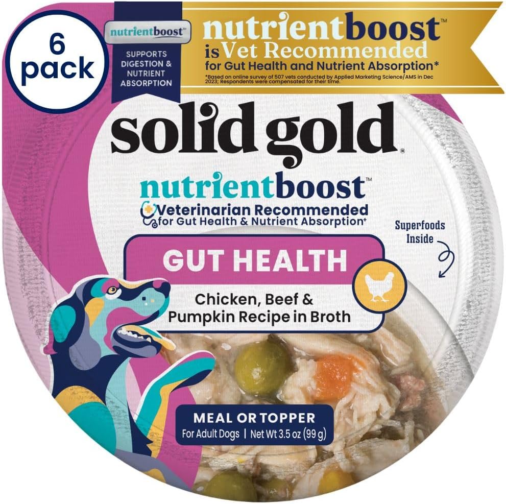 Solid Gold Wet Dog Food Topper & Meal Cups - W/Chicken, Beef & Pumpkin for Sensitive Stomachs, Gut Health & Digestive System Support - for Adult & Senior Small Breed & Large Breed Dogs - 3.5oz/6 Pack