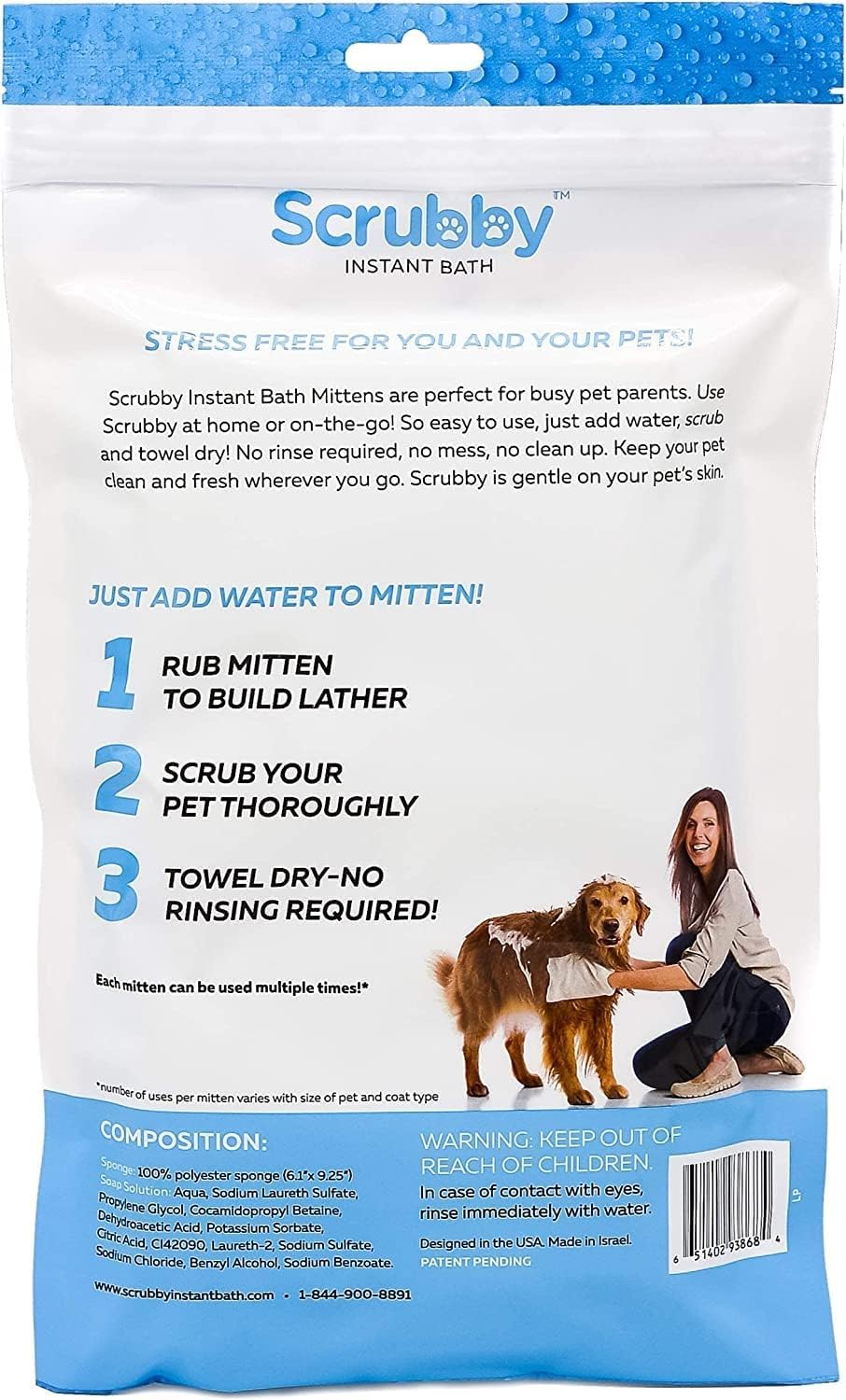 No Rinse Wipes | Rinse Free Shampoo Mittens | Dogs & Cats | Bath Wipes | Bathing & Washing Pets, Hypoallergenic | No Rinse Wash Mitt | Grooming, Lather Wipe Dry - Pack of 20