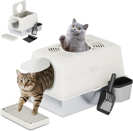 Extra Large Enclosed Stainless Steel Cat Litter Box Enclosure with Lid, Front Dual-Door and Top Exit Metal Cat Litter Pan Box for Big Cats, with Litter Scoop,Box Step, Waste Bin & Trash Bags, White