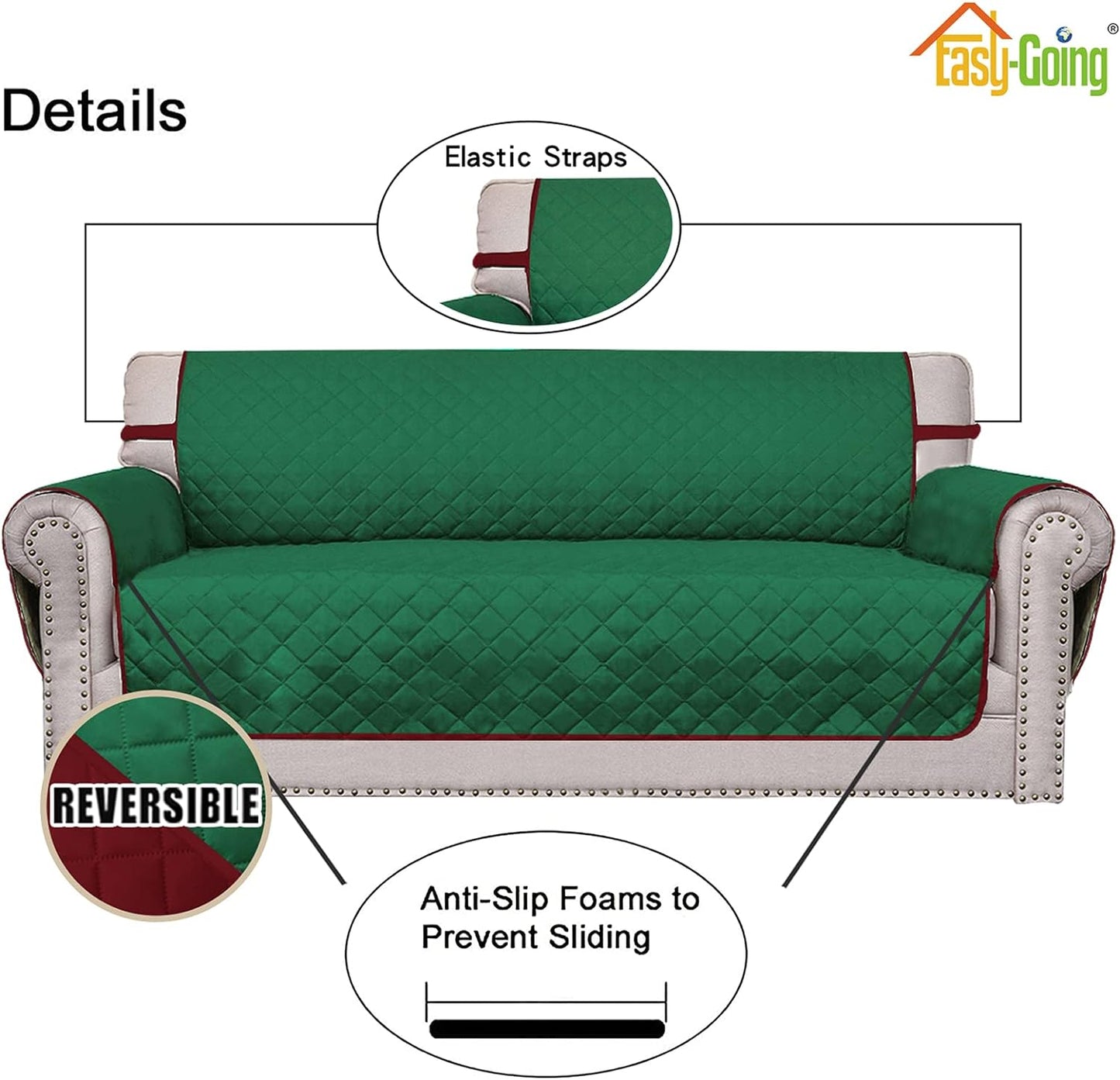 Easy-Going Reversible Loveseat Couch Cover for 2 Cushion Couch Sofa Cover for Dogs Water Resistant Furniture Protector with Foam Sticks Elastic Straps for Pet (Loveseat, Green/Christmas Red)
