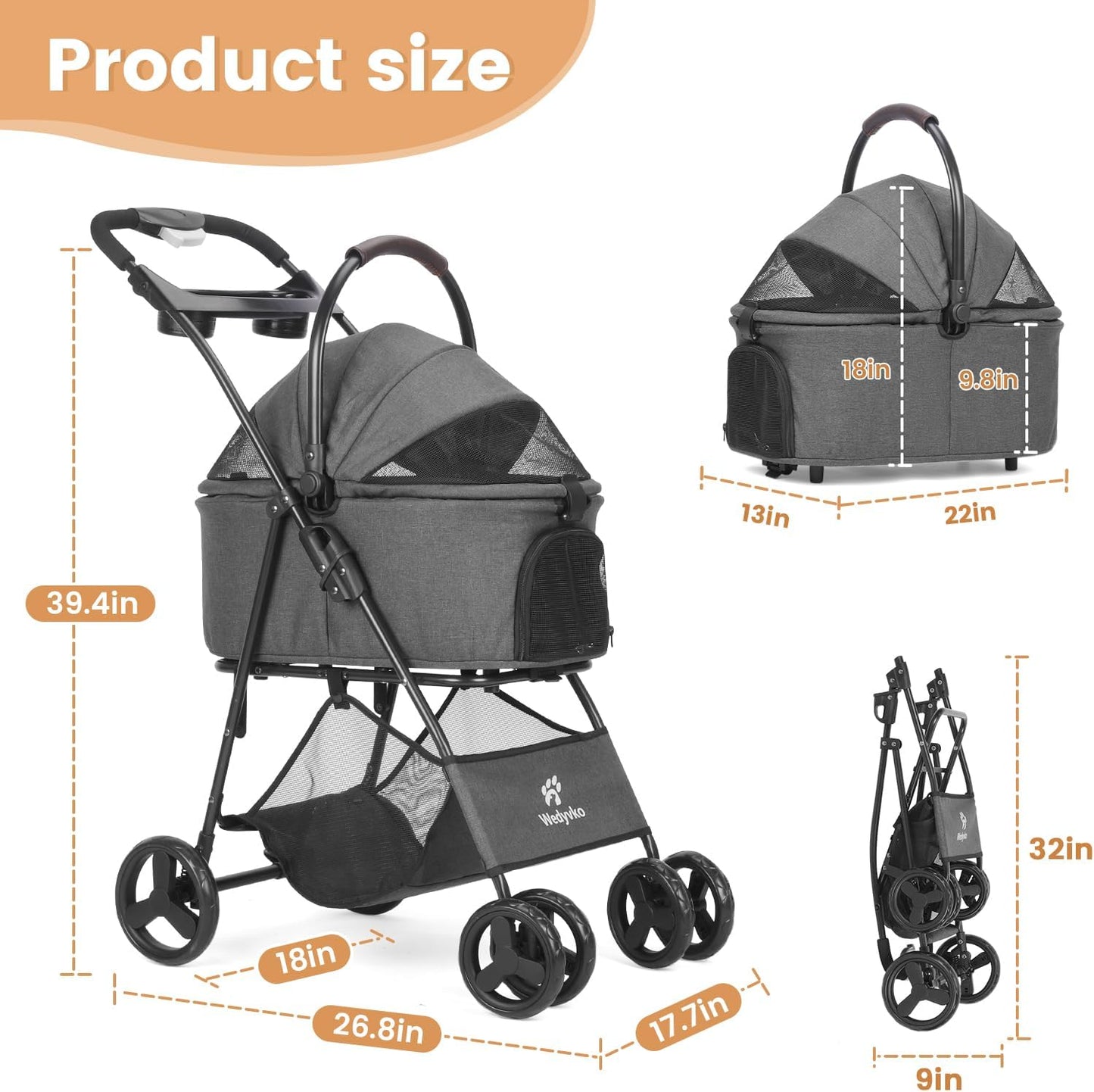 Pet Stroller, 4 Wheels Pet Strolling Cart for Medium/Small Dogs and Cats, Foldable Cat Jogger/Dog Stroller with Cup Holder, Storage Basket, Breathable Mesh, All-Season Pet Carrier (Dark Grey)