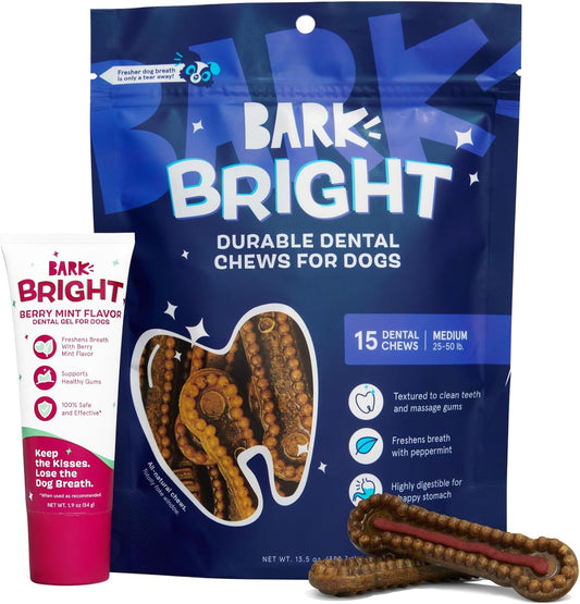 Barkbox Bright Durable Dental Kit, 15 Chew Sticks & Toothpaste - Medium Breeds (Berry Mint Flavored)