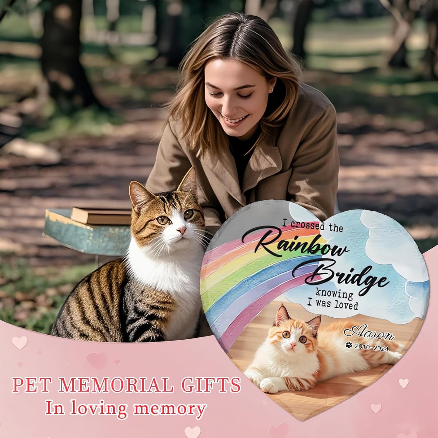 Personalized Pet Memorial Stone - Heart-Shaped Custom Cat Grave Marker with Engraved Name & Photo - Pest Grave Stone for Remembrance Dog/Cat Passing Away Sympathy Gifts (Style A)