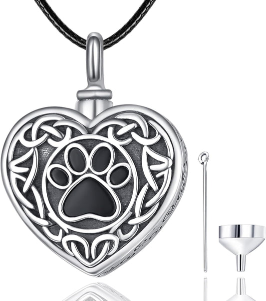 Dreamboat Pet Urn Necklace for Dog Cat Ashes 925 Sterling Silver Paw Print Cremation Keepsake Pendant Celtic Knot Memorial Jewelry Gifts for Women Men