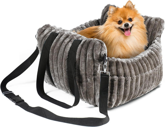 Dog Car Booster Seat, for Small Dogs Under 30 lbs, Detachable Washable Travel Bed with Storage Pockets and Safety Belt (Coffee, Medium)