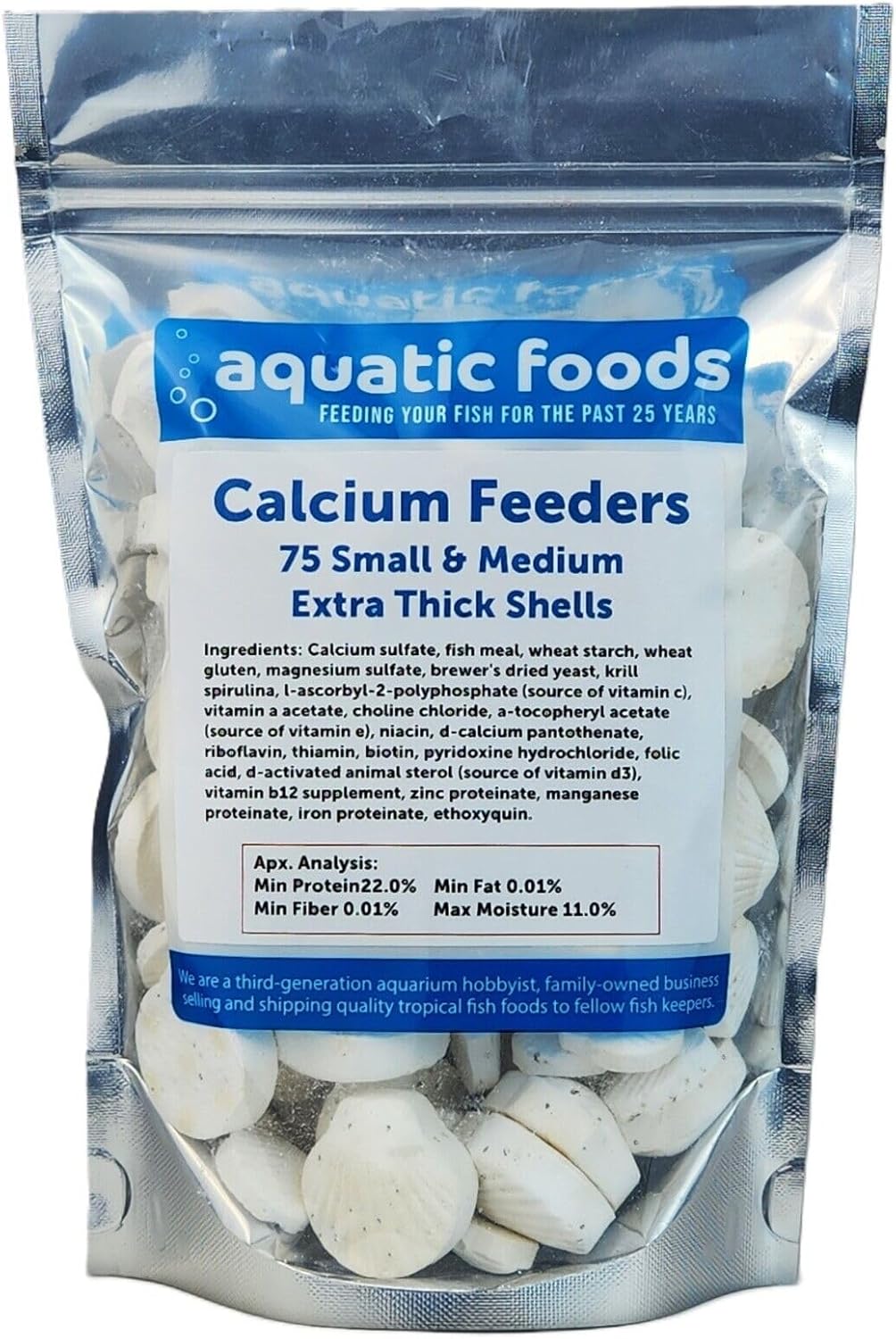 Aquatic Foods Inc. Calcium Feeder Small & Medium Shells. Extra Thick Shells for Shrimp, Snails, Crabs, Crayfish, Hermit Crabs and All Tropical Fish…75 Count Bag