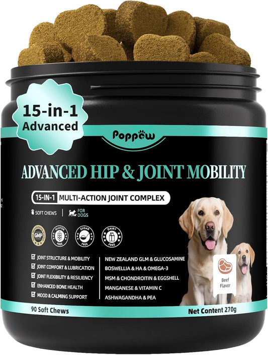 Dog Hip and Joint Supplement, 15-in-1 Advanced Glucosamine for Dogs with Chondroitin, MSM, New Zealand GLM, Pea, Omega 3 - Beef Flavor - 90 Soft Chews, Fits All Breeds and Sizes