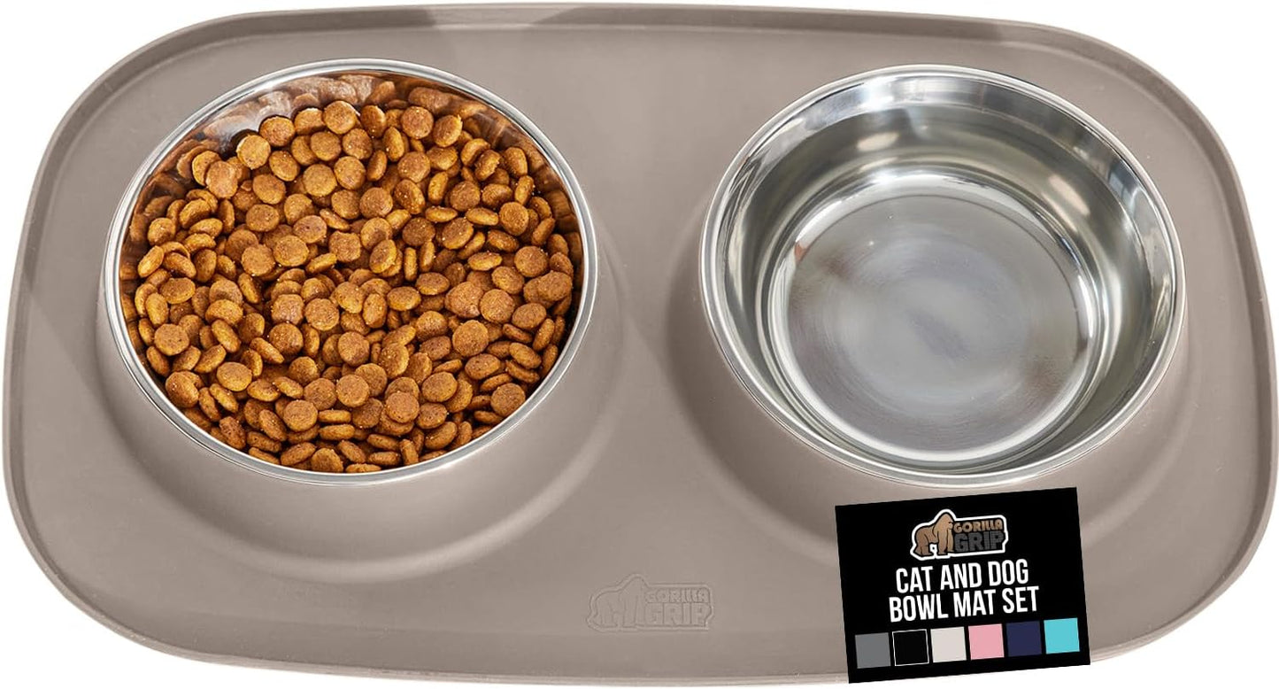 GORILLA GRIP Feeding Mat Set, Patent Pending 100% Waterproof BPA Free Silicone, Stainless Steel Cat and Dog Bowls, Slip Resistant, High Edges Catch Water Food, US Designed Pet Accessories, 2 Cup Beige