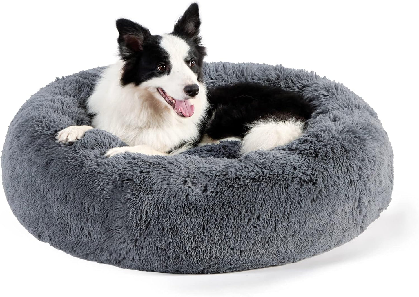 Bedsure Calming Dog Bed for Large Dogs - Donut Washable Large Pet Bed, 36 inches Anti-Slip Round Fluffy Plush Faux Fur Dog Bed, Fits up to 80 lbs Pets, Dark Grey