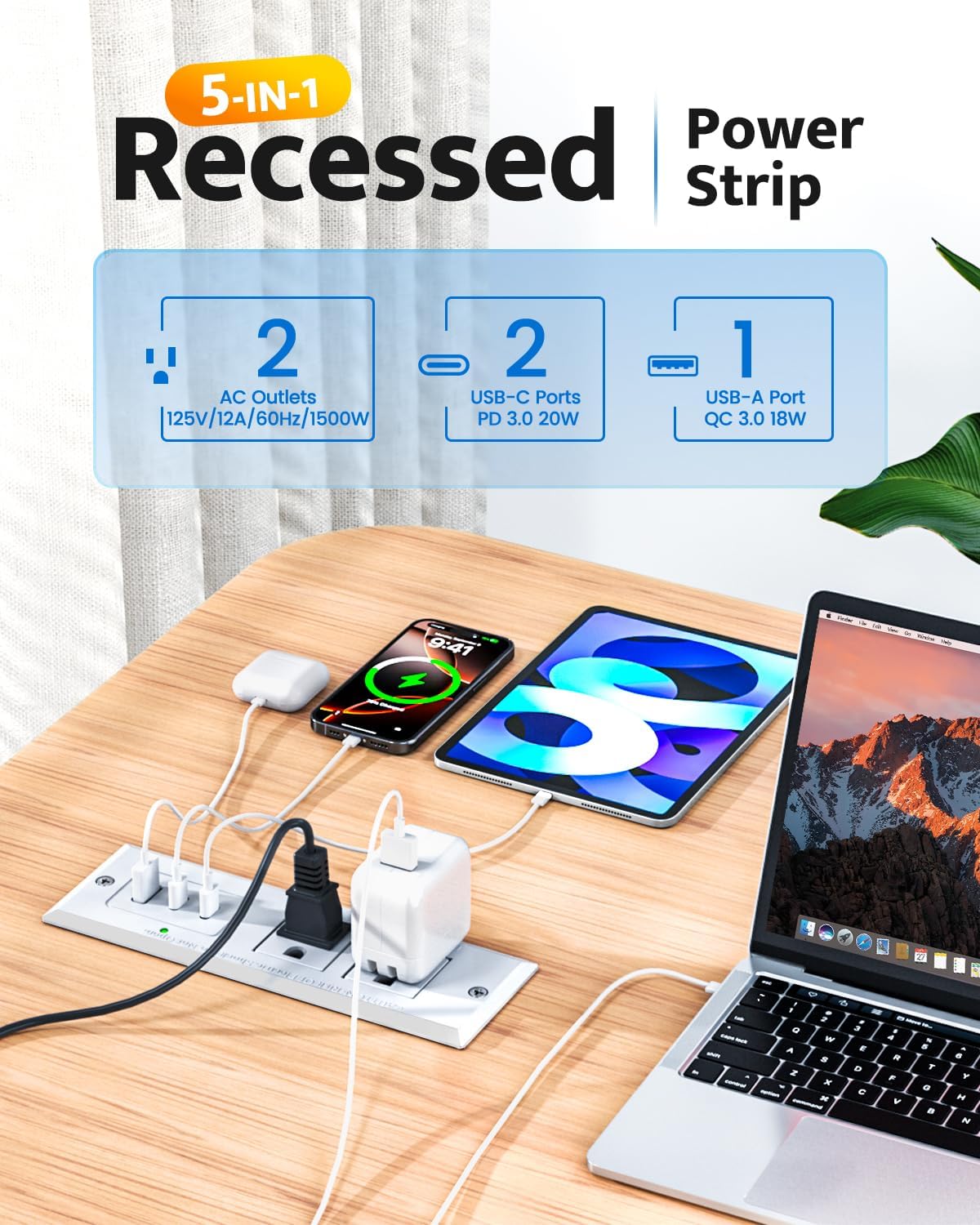 Recessed Power Strip with 20W USB C Port, Fast Charging USB A Port Conference Recessed Outlet, Space-Saver for Furniture Side Table, End Table, Desk Outlet with 6ft Cord, 45° Thin Flat Plug, White