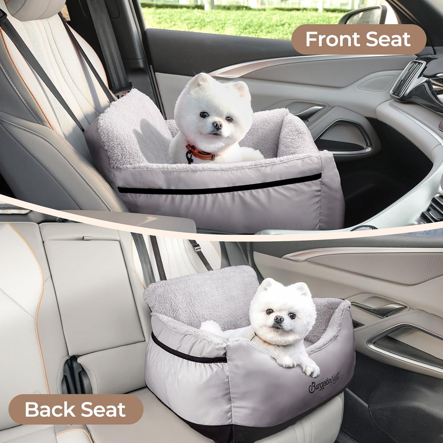 BurgeonNest Dog Car Seat for Small Dogs, Detachable and Washable Cat Carseats Under 25 lbs, Soft Pet Booster Seats with Storage Pockets and Clip-On Leash Portable Car Travel Carrier Bed, Black Grey