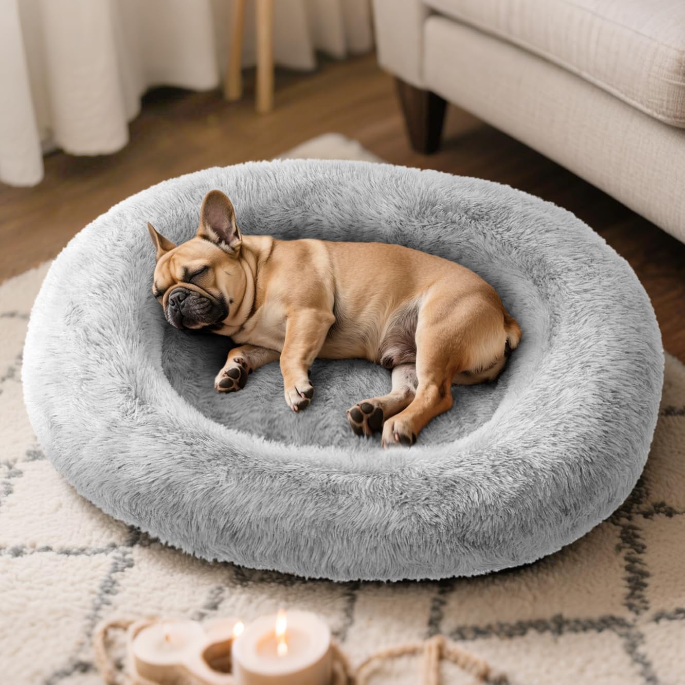 Medium Sized Orthopedic Dog Beds, Donut Calming Pet Beds with Comfort Foam Support, Fluffy Non-Slip Couch for Dog and Cat, with Washable and Indestructible Cover, 32 Inches, Light Grey