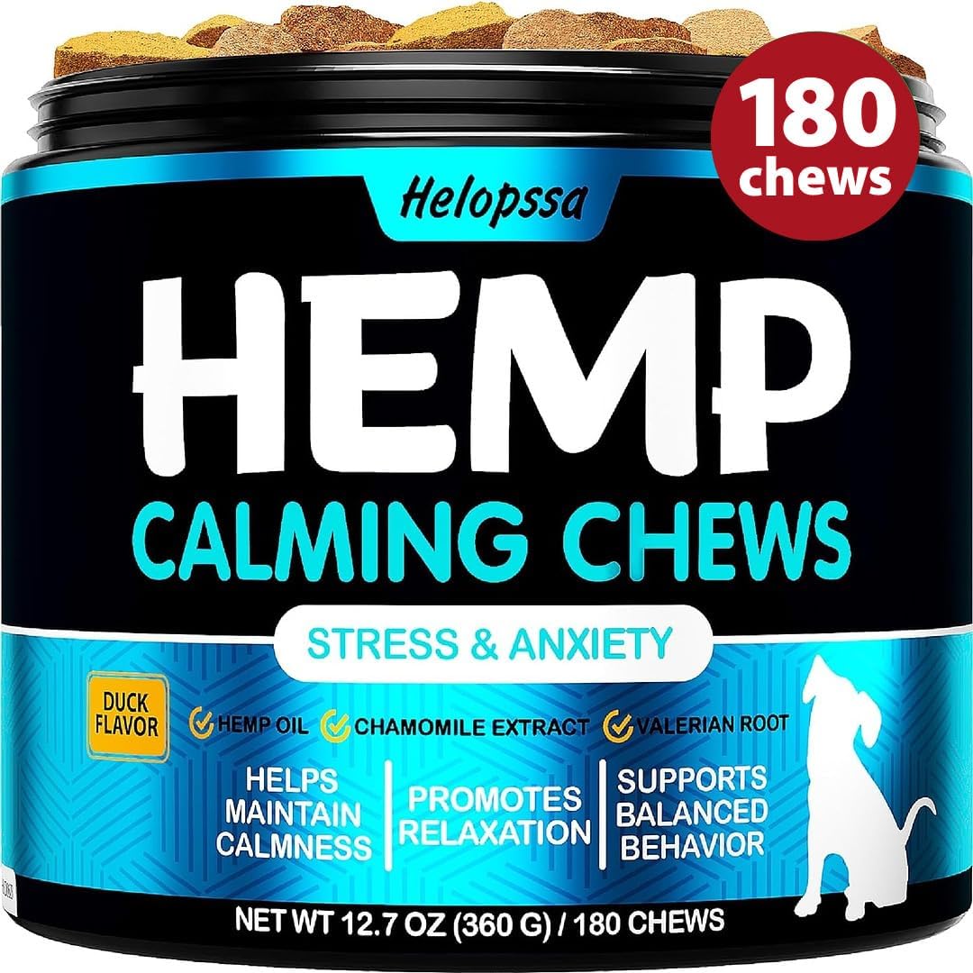 Hemp Calming Chews for Dogs with Anxiety and Stress - 180 Soft Dog Calming Treats - Dog Anxiety Relief - Storms, Fireworks, Thunder, Barking, Separation Aid - Valerian Root - L-Tryptophan - Hemp Oil
