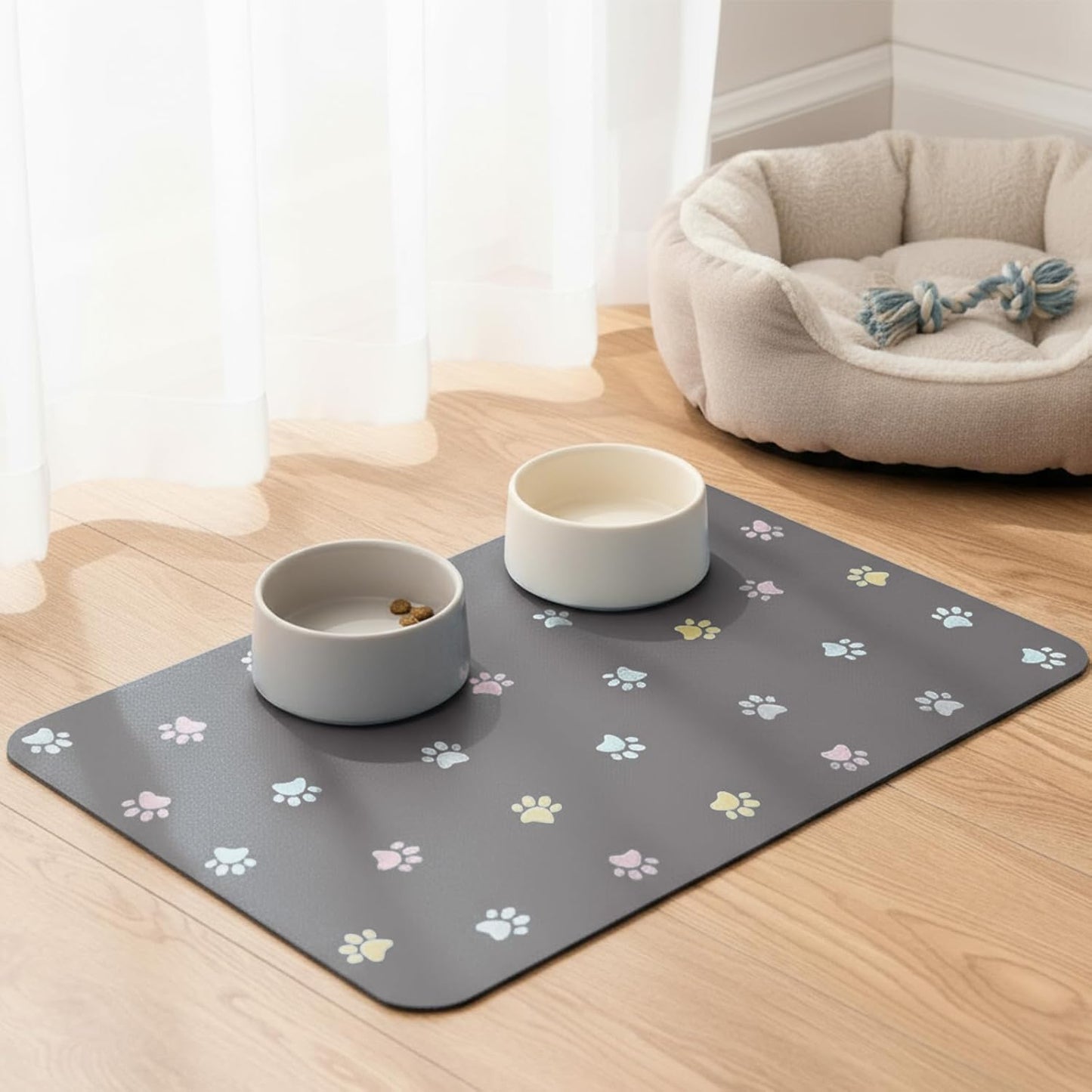 Cat Food Mat Absorbent Dog Mat for Food and Water Non Slip Quick Dry Dog Bowl Mats for Floors 24" X 16" Paw Dark Gray