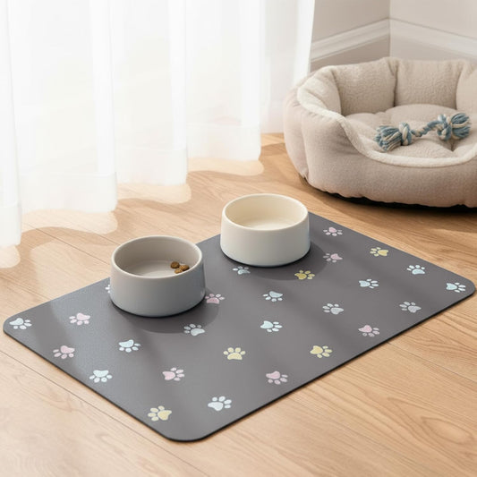 Cat Food Mat Absorbent Dog Mat for Food and Water Non Slip Quick Dry Dog Bowl Mats for Floors 24" X 16" Paw Dark Gray
