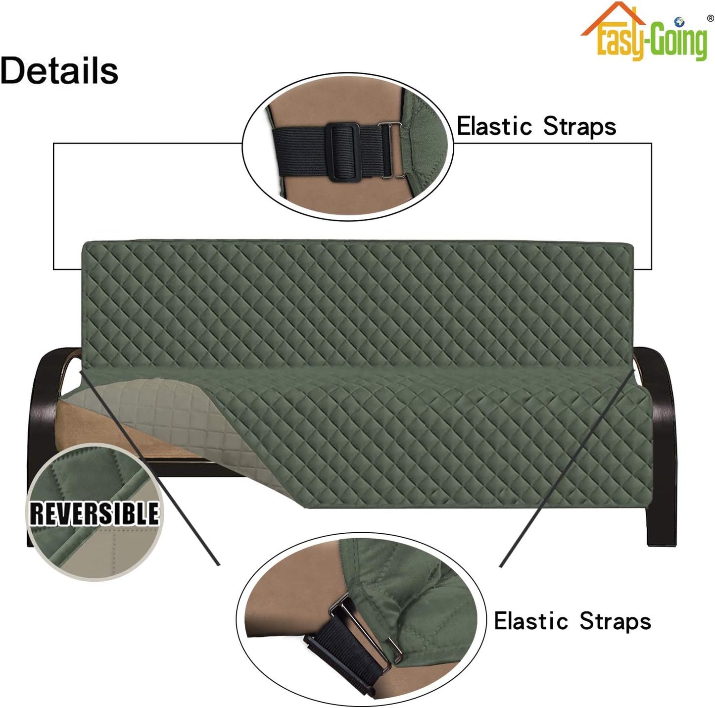 Easy-Going Futon Sofa Slipcover Reversible Sofa Cover Armless Futon Cover Furniture Protector Couch Cover Water Resistant Pets, Kids, Children, Dog, Cat (Futon, Greyish Green/Beige)