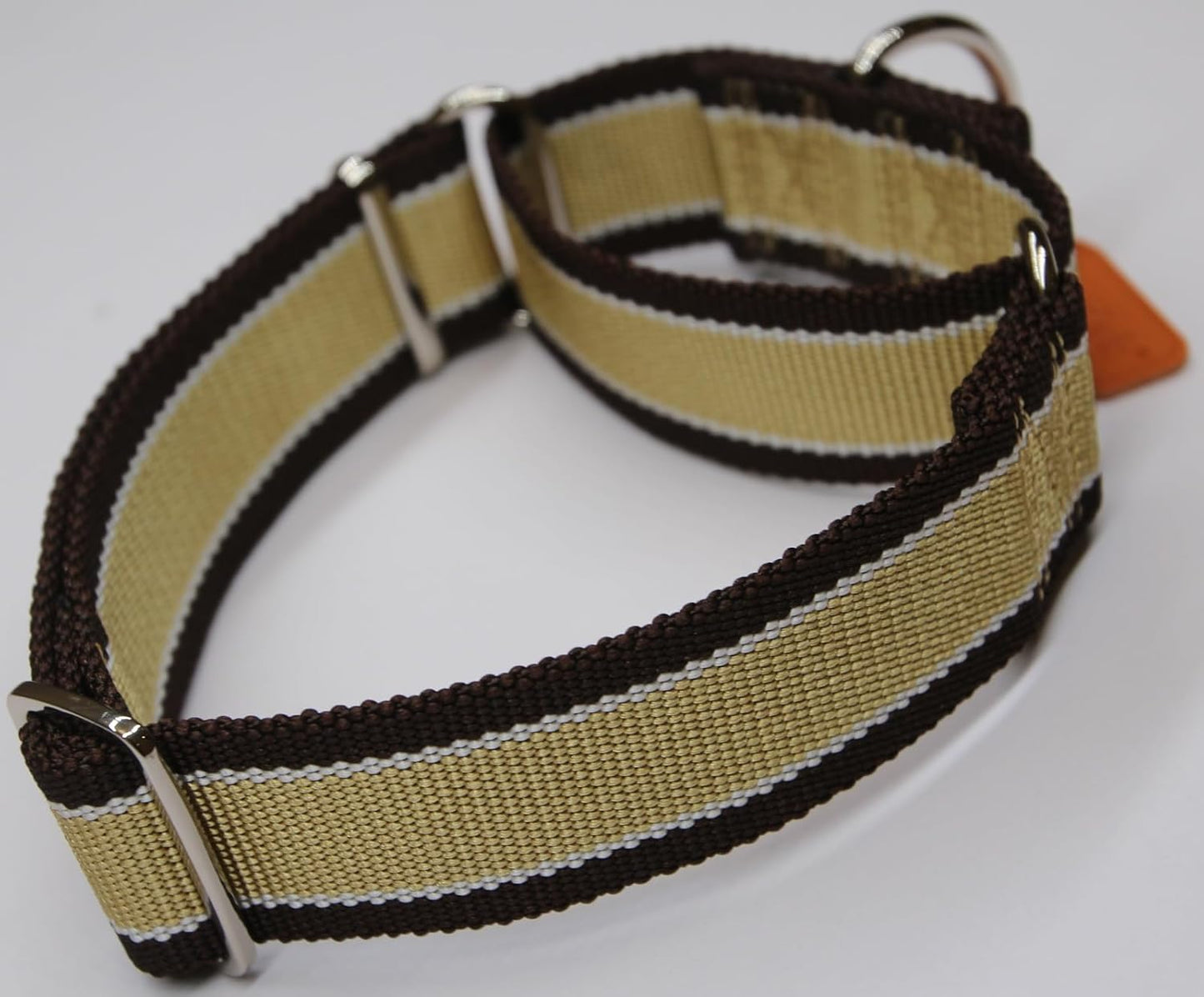 Martingale Collar 1.5 Inch Wide 1600D Extra Strong Anti Escape Nylon Dog Collar, No Pull Heavy Duty Pet Collars with 3-Color Stripe for Medium to Large Dogs (L, Khaki & Dark Brown)
