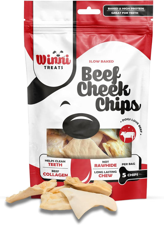 Beef Cheek Chips for Dogs - Single Ingredient, Premium Dog Chews - Long-Lasting, Not Rawhide, Dental Health - 5 Pieces