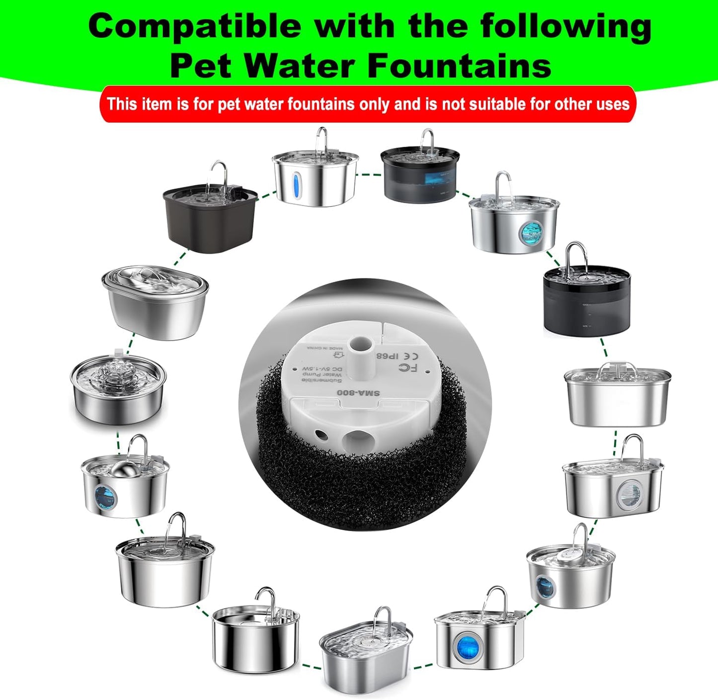 Cat Water Fountain Pump,Pet Water Fountain Pumps Replacement SMA-800 Submersible Motor,Cat Fountain Pump for Stainless Steel Cat Water Dispenser