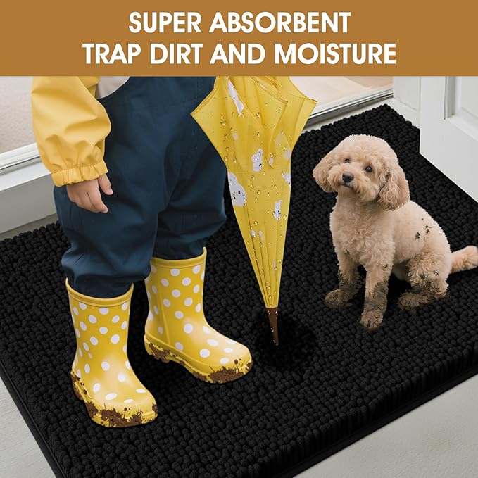 Extra Large Dog Door Mats for Muddy Paws, Chenille Absorbent Dog Mats, Non Slip Heavy Mud Mat for Dogs, Soft Pet Mat for Entryway, Mud Paws, Inside Floor,71" x 25", Black