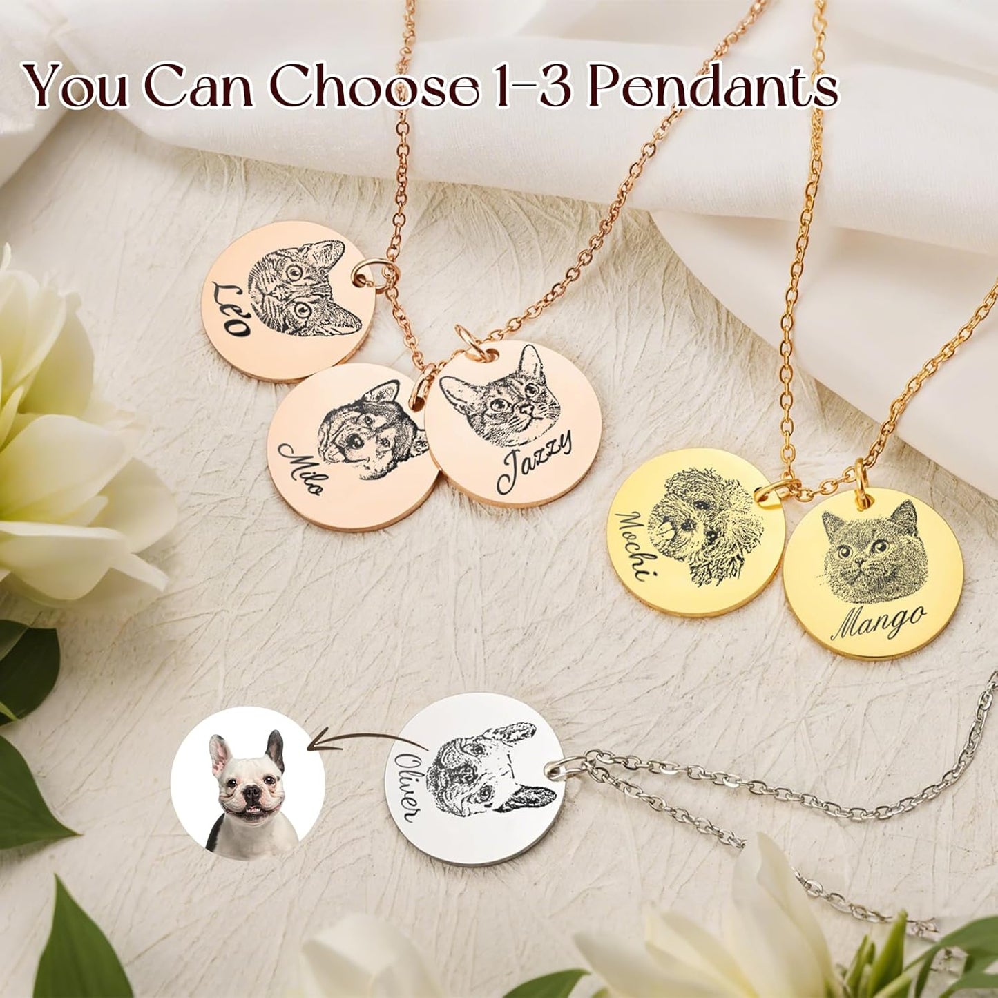Personalized Pet Portrait Necklace Customized Pet Memorial Necklaces Dog Necklace for Women Custom Pets Necklaces Dog Memorial Jewelry for Cat Mom Dogs Dad (Gold 2 Portrait)