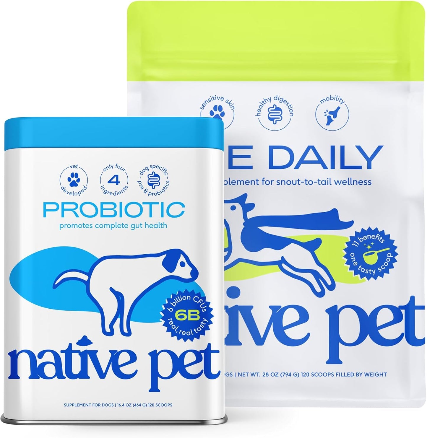 Native Pet Probiotic for Dogs (16.4 Oz.) & The Daily Dog Vitamins & Supplements (28 Oz.) - Vet Created Probiotic Powder for Digestive Issues & 11-in-1 Multivitamin with 21 Supplements & Vitamins