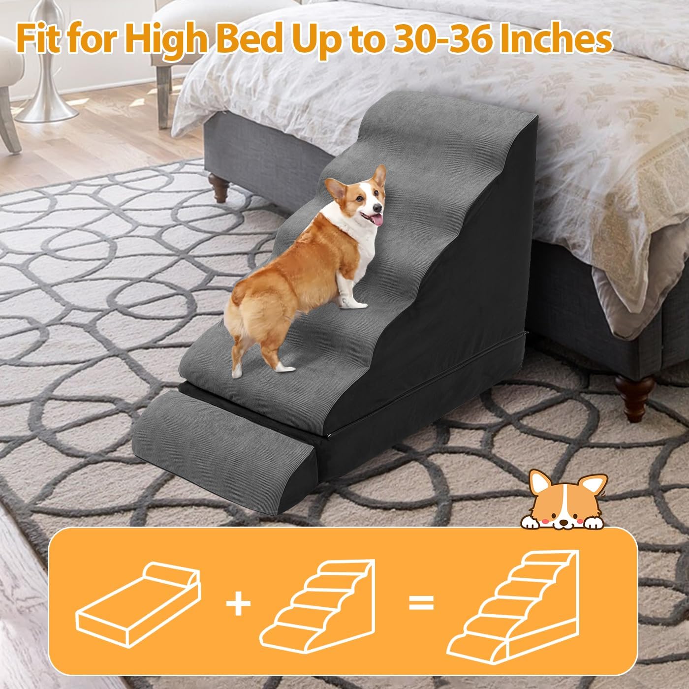 Dog Stairs/Steps for High Beds up to 30-36 inches, A.FATI 6 Step Foam Pet Steps for Small Dogs/Old Pets, 30" H Non-Slip Dog Ramp for Bed, Dark Grey