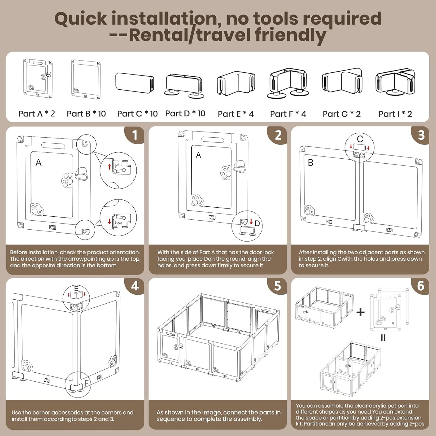 Expandable 12PCS Dog Playpen for Indoors, Modular Puppy Play Pen with Lockable Doors, Chew-Proof Transparent Panels & Waterproof Base. Perfect for Small Animals, Puppy Training or Multi-Pet Homes