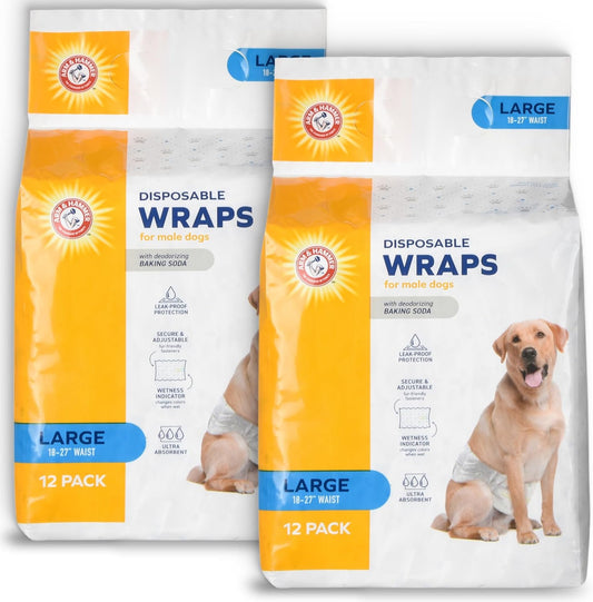 Arm & Hammer for Pets Male Dog Wraps, Size Large, 24 Count UltraAbsorbent, Adjustable Male Dog Diapers with Leakproof Protection and Wetness Indicator for Large Dogs (Pack of 2)