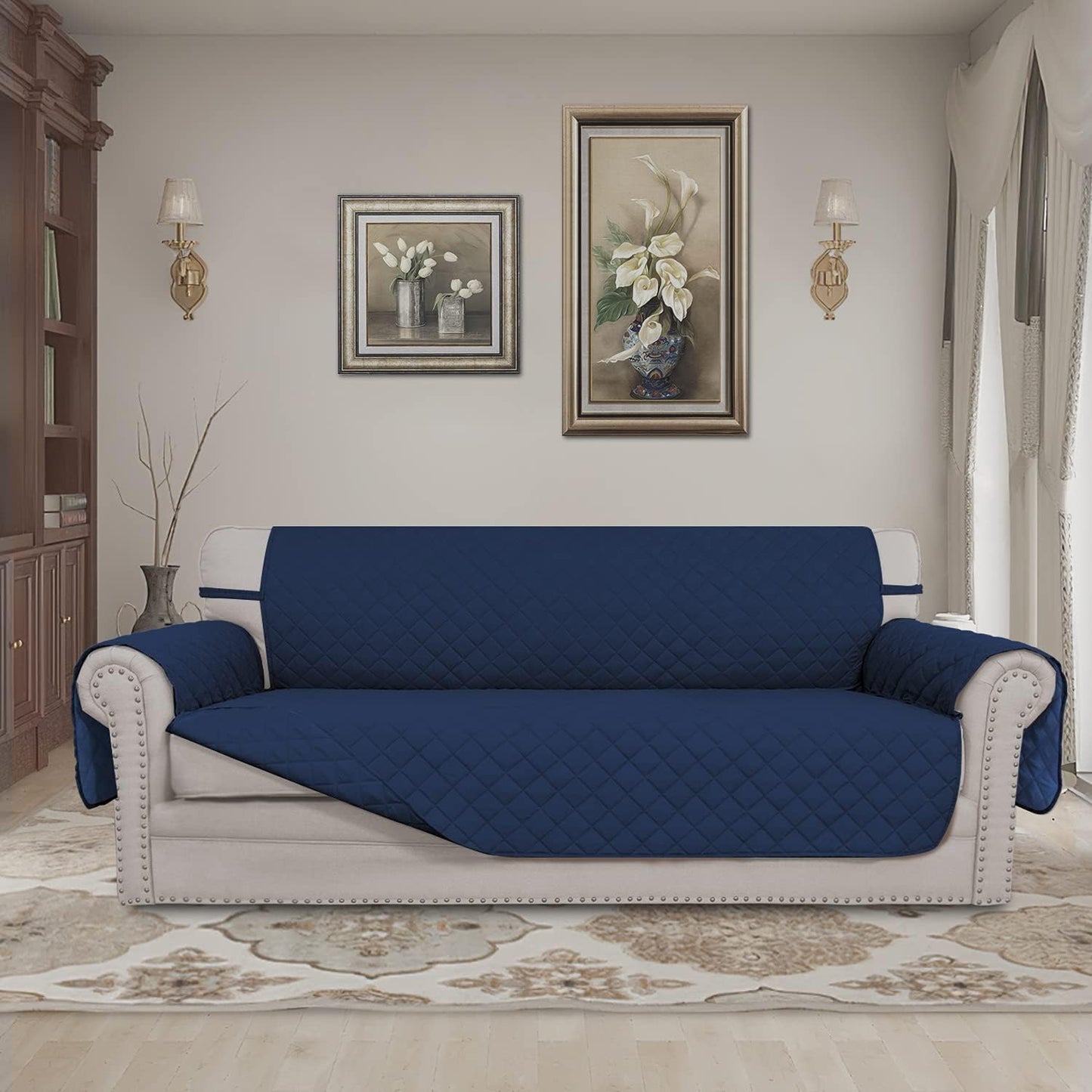 Easy-Going Reversible Couch Cover for 3 Cushion Couch Sofa Cover for Dogs Water Resistant Furniture Protector Cover with Foam Sticks Elastic Straps for Pet Cat (Sofa, Navy/Navy)