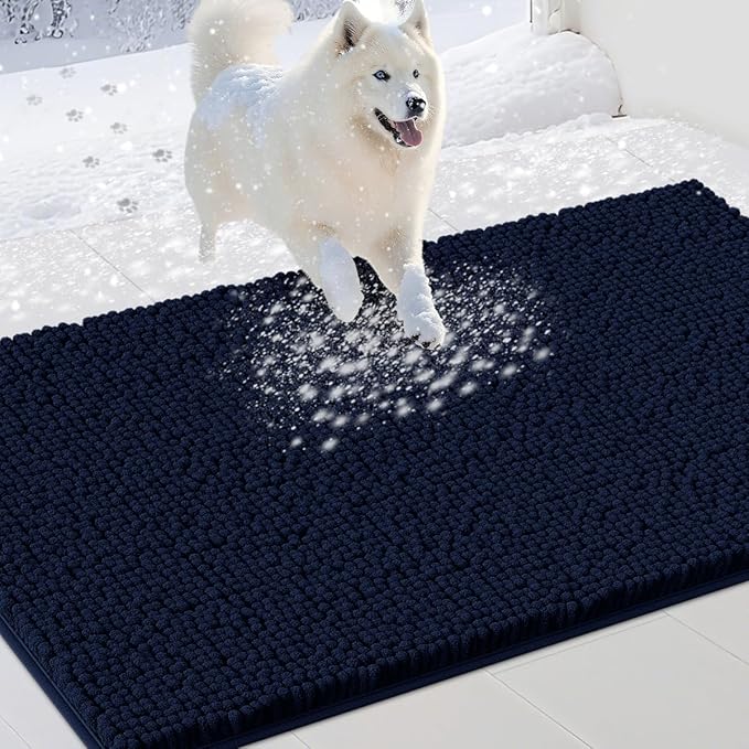Dog Door Mats for Muddy Paws, Chenille Absorbent Dog Mats, Non Slip Heavy Mud Mat for Dogs, Soft Pet Mat for Entryway, Mud Paws, Inside Floor,48" x 38", Navy Blue
