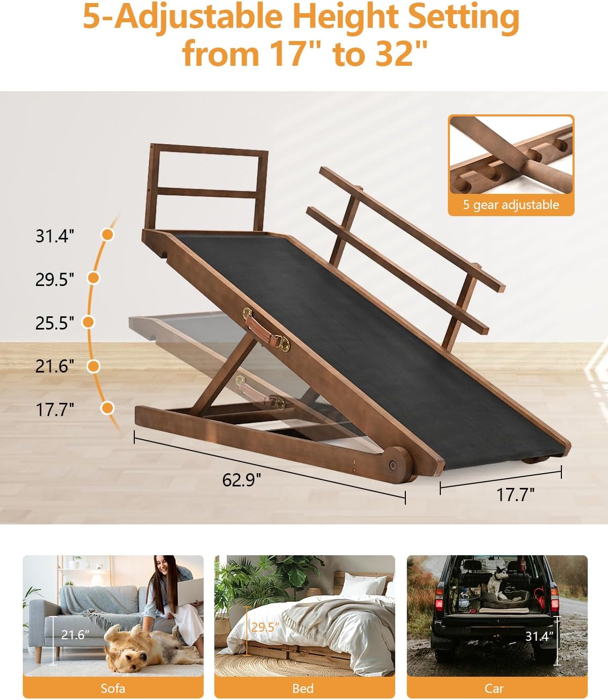 Dog Ramps for Bed for Large Dogs, Pet Ramp for Dogs to Get on Bed, Wood Folding Dog Ramp for Couch/Car, Adjustable from 17" to 32" Height, Supports up to 200 pounds