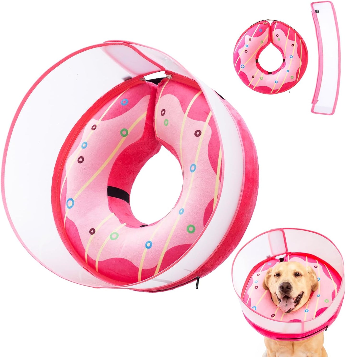 Inflatable Dog Cone Collar for Large Medium Small Dogs, Soft Dog Donut Collar Adjustable Recovery Cone for Pets After Surgery, Extra Enhanced Anti-Licking Guard Shield (Pink Donut, Medium Plus)