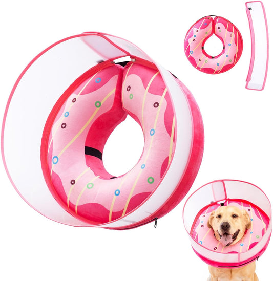 Inflatable Dog Cone Collar for Large Medium Small Dogs, Soft Dog Donut Collar Adjustable Recovery Cone for Pets After Surgery, Extra Enhanced Anti-Licking Guard Shield (Pink Donut, Large)
