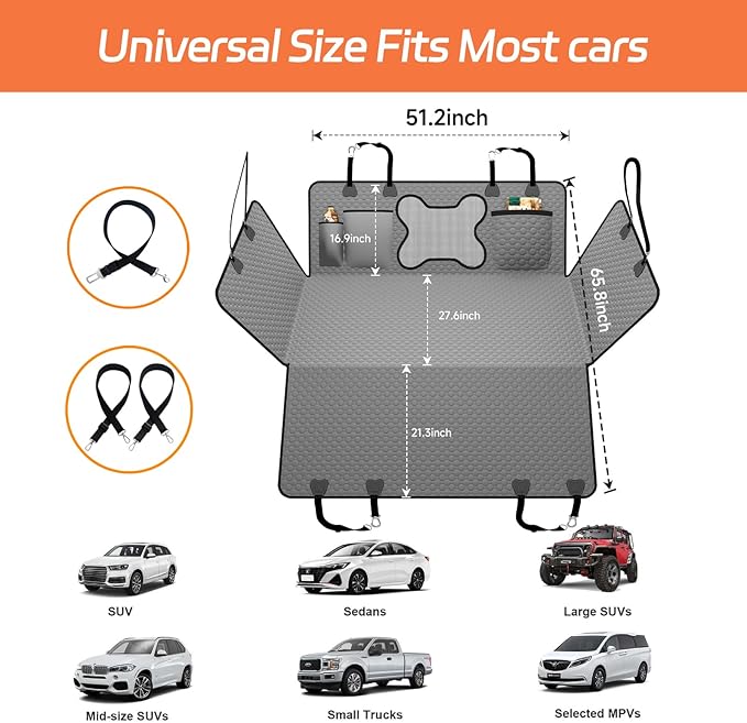 Grey Large Space Dog Hammock for Car, SUV, Small Truck - Universal Fit Dog Car Seat Cover with Hard Bottom, Waterproof & Scratch-Proof, Supports Up to 500 lbs