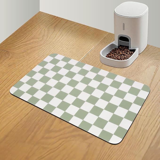 Checkered Pet Feeding Mat, Absorbent Dog Mat for Food and Water Bowls Dispenser 12" x 20" Green