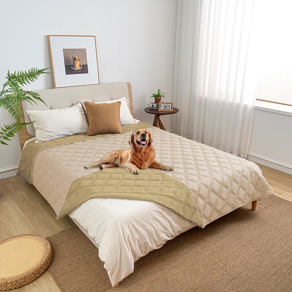 fuguitex Waterproof Dog Blanket Reversible for Small Dogs Resistant Leakproof Washable Couch Cushion Bed Protector Cover for Indoor Furniture Pet Friendly（82"*102",Beige+Taupe
