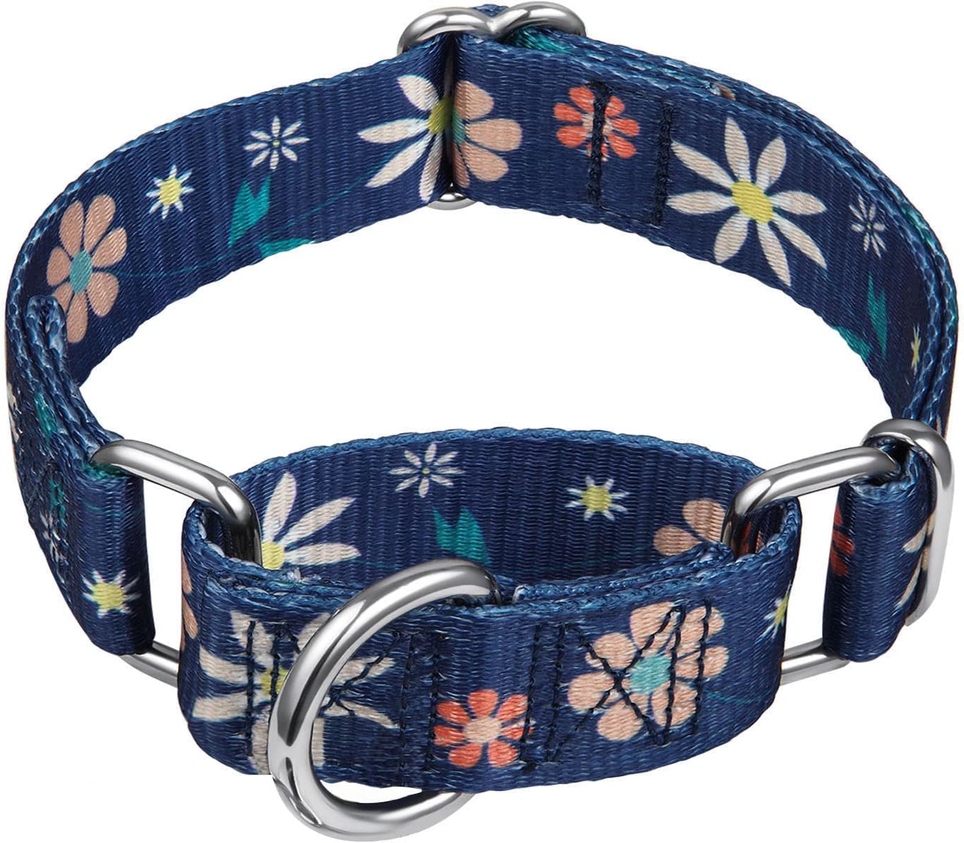 Martingale Collar Floral Print Dog Collar - No Pull Pet Collar, Heavy Duty Adjustable Dog Collar, Large, Neck 17 Inch -25 Inch, Elegant Flowers (Dark Blue)