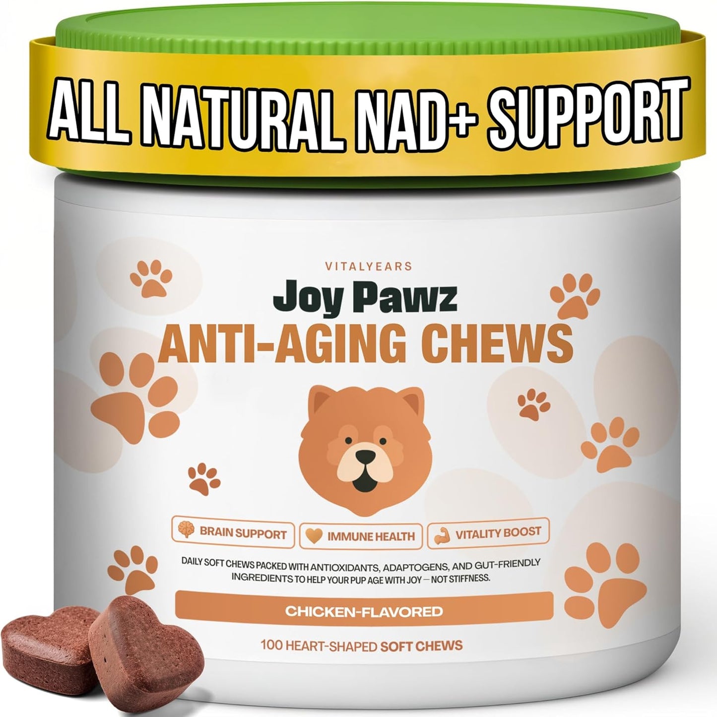 Anti-Aging Dog Supplement – NAD+ Levels Raised w/Nicotinamide Riboside, Tumeric, Multivitamin, Probiotics - Soft Chews for Senior Dogs - Brain, Joint & Immune Support – Chicken Flavor, 100pc