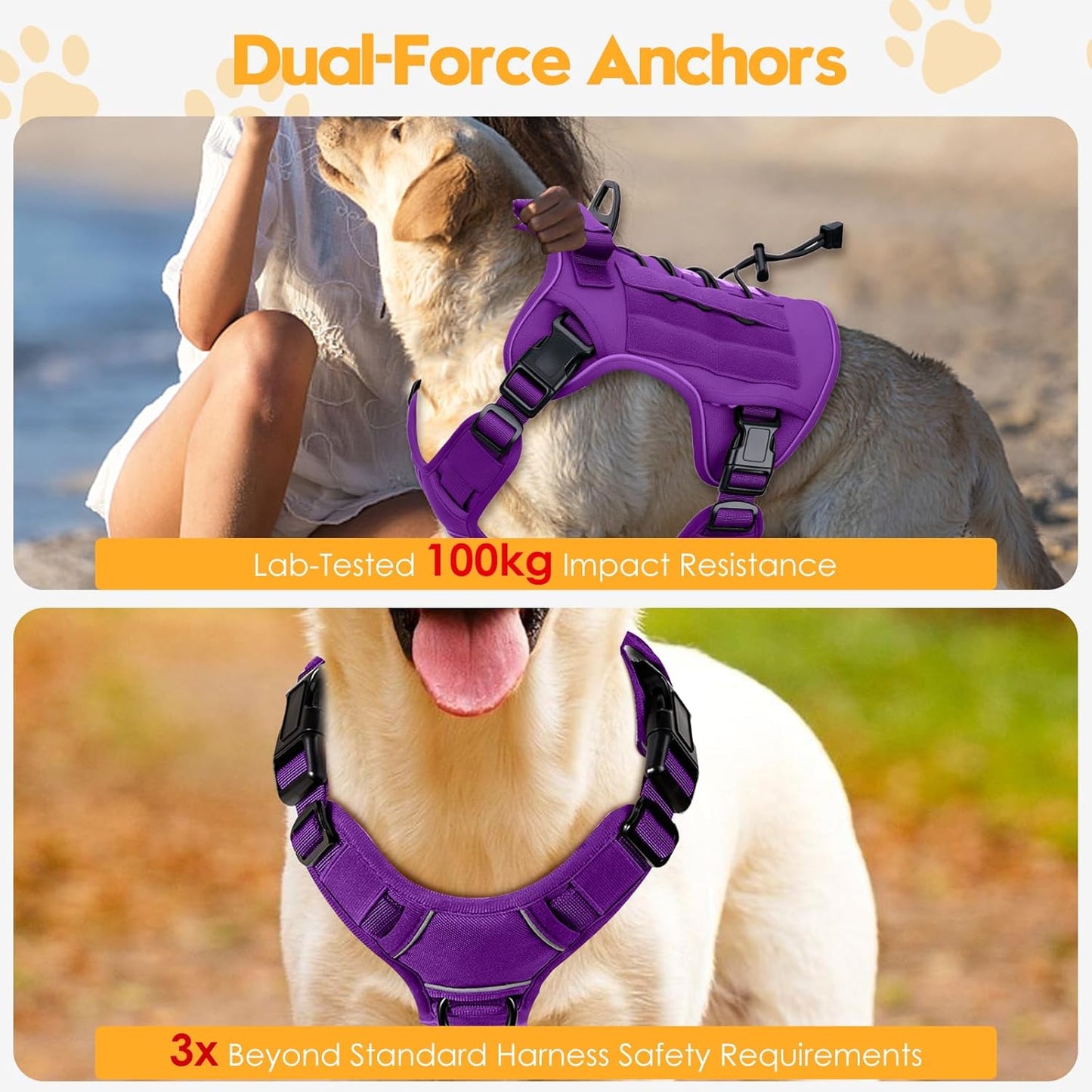 Heavy-Duty Tactical Dog Harness for Large Dogs, No Pull Adjustable Reflective Pet Vest with Molle System, K9 Military-Grade Control for Service Training, Outdoor & 10+ Breeds, Purple, Large