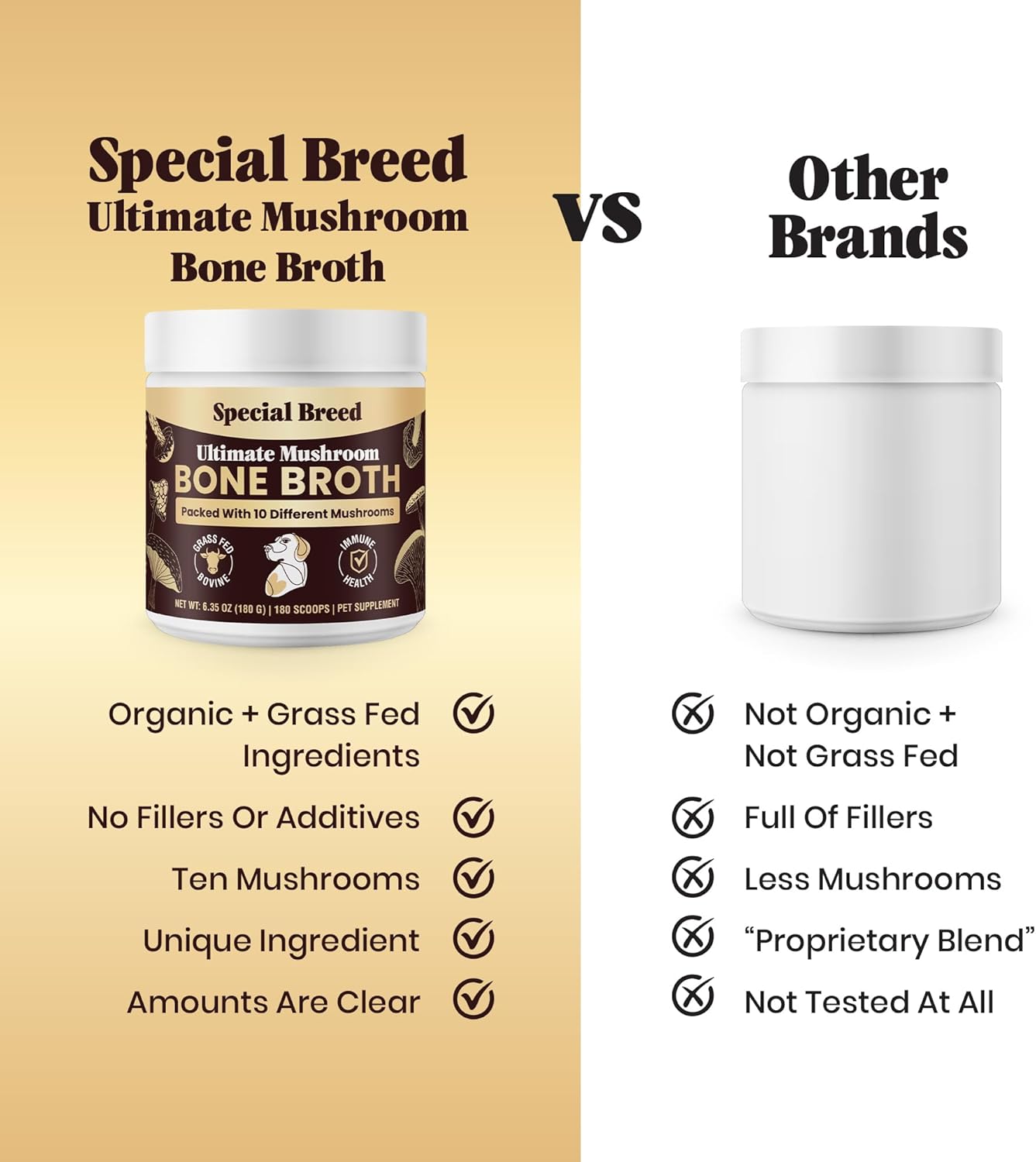 Beef Bone Broth for Dogs - Dog Bone Broth Powder with Ten Organic Mushrooms - High Protein + Ten Mushroom Supplement for Joint Flexibility, Immune Support, Cognition, Vitality, Hydration - 180 Scoops
