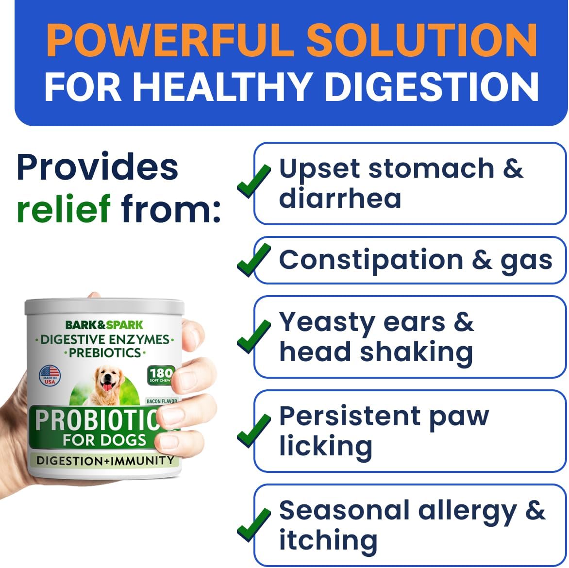 Bark&Spark Dog Probiotics & Digestive Enzymes (Gut Health) Allergy & Itchy Skin - Pet Diarrhea Gas Treatment Upset Stomach Relief Pill, Digestion Health Tummy Treat (180Ct Bacon)