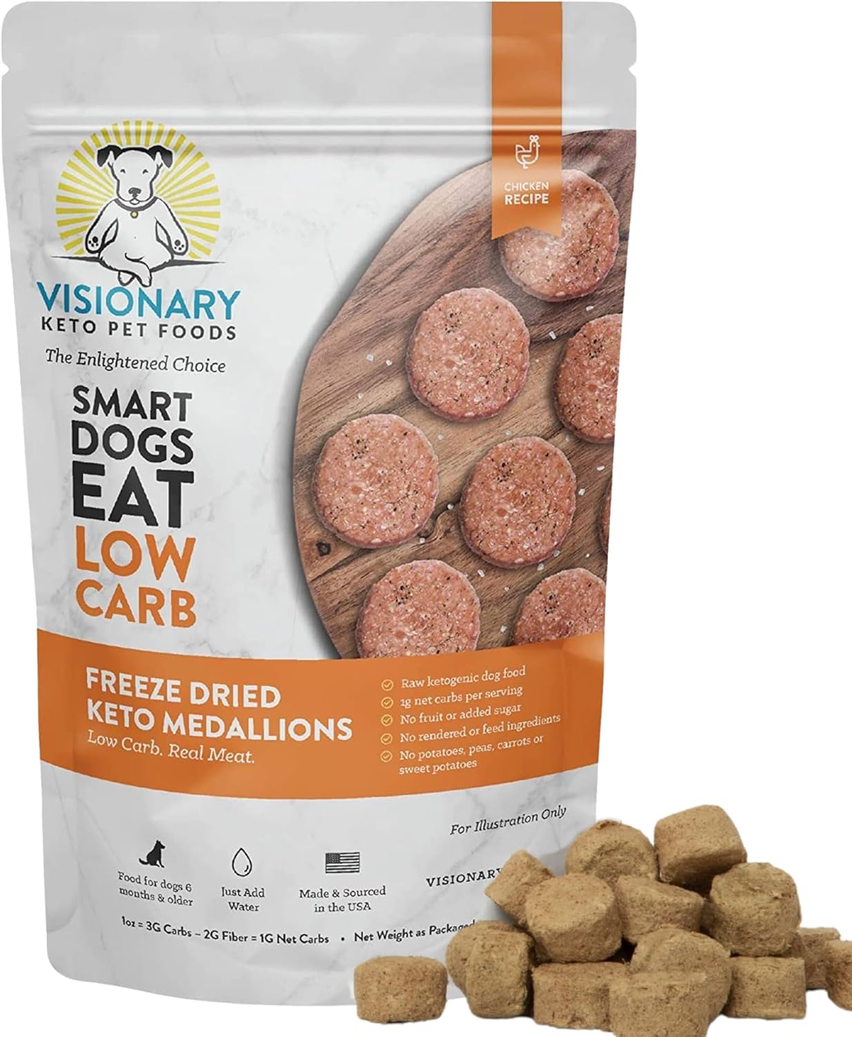 Visionary Pet Foods Chicken Freeze Dried Dog Treats - 155x Medallions Keto and Diabetic Friendly - Additive Free, Made in USA Low Carb, High Protein - Healthy Dog Training Treats, Resealable Bag