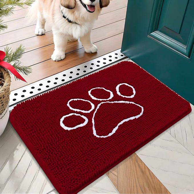 OLANLY Door Mat for Muddy Dog Paws 24x16, Ultra Absorbent Chenille Mud Doormat with Paw Print Design, Non-Slip Washable Doormat for Indoor Entryway, Quick-Dry Pet Bed Mats for Dirty Dogs, Red