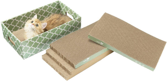 MECOOL Cat Scratching Board，5PC Cat Scratch Pad with Box，Reversible Corrugated Cat Scratcher Cardboard and Lounge Bed for Indoor Cats, Catnip
