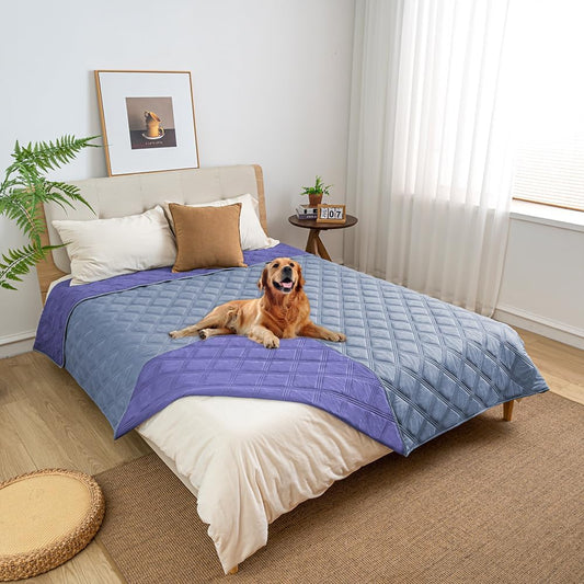 fuguitex Waterproof Dog Blanket Reversible for Small Dogs Resistant Leakproof Washable Couch Cushion Bed Protector Cover for Indoor Furniture Pet Friendly(82"*82",Violet Blue+ Light Blue)
