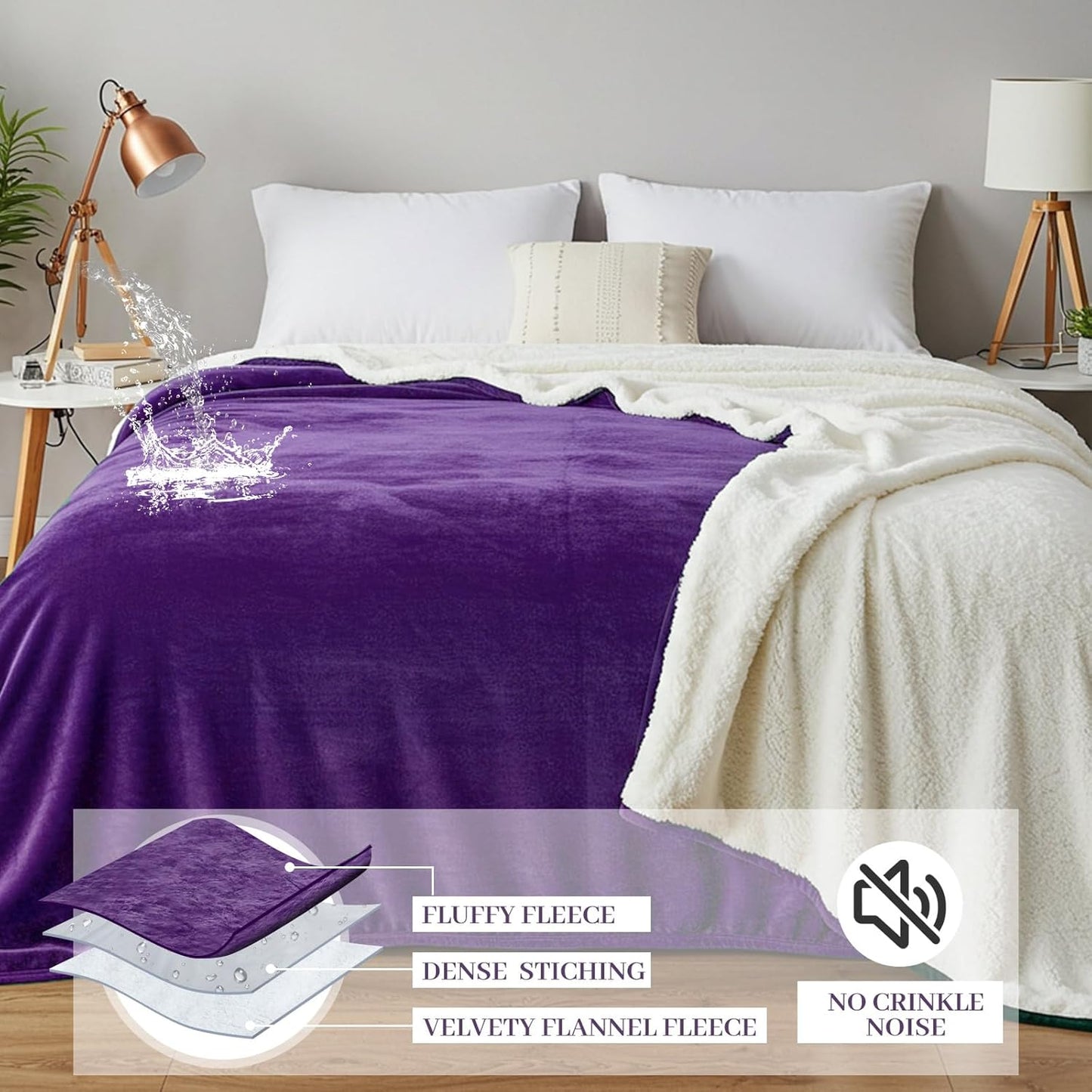 Love Purple Waterproof Bed Blanket, Queen Size 80'' x 80'' Double Side Leakproof Reversible Sherpa Flannel Fleece 3 Layer Lightweight Blanket, Absorbs 70oz