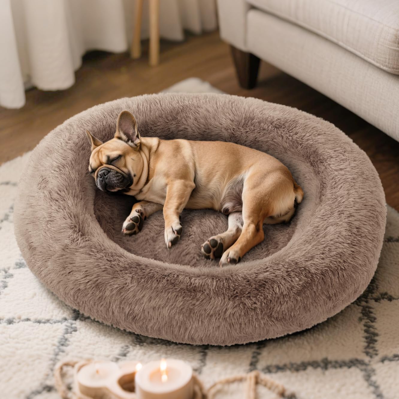 Medium Sized Orthopedic Dog Beds, Donut Calming Pet Beds with Comfort Foam Support, Fluffy Non-Slip Couch for Dog and Cat, with Washable and Indestructible Cover, 32 Inches, Beige