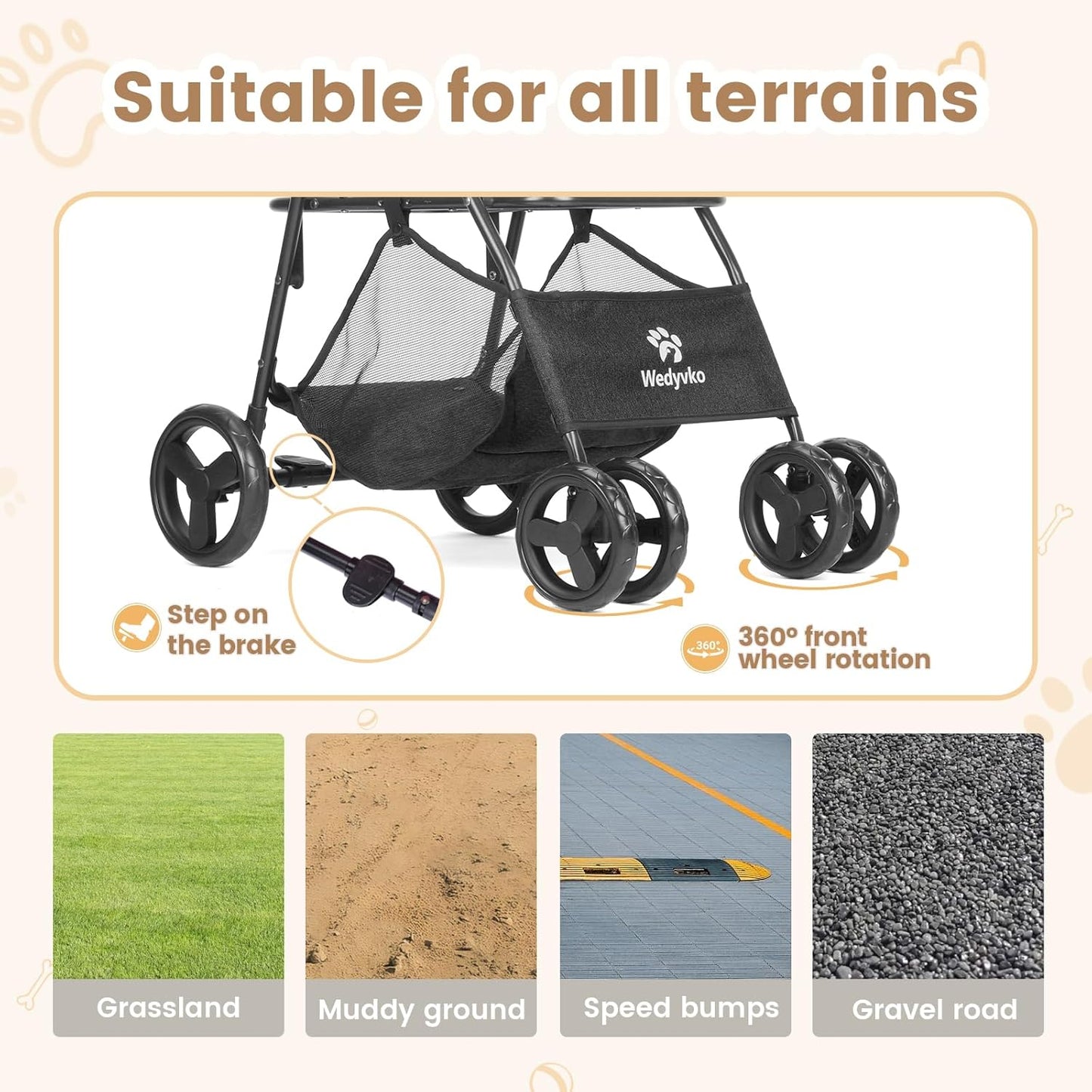 Pet Stroller, 4 Wheels Pet Strolling Cart for Medium/Small Dogs and Cats, Foldable Cat Jogger/Dog Stroller with Cup Holder, Storage Basket, Breathable Mesh, All-Season Pet Carrier (Black)