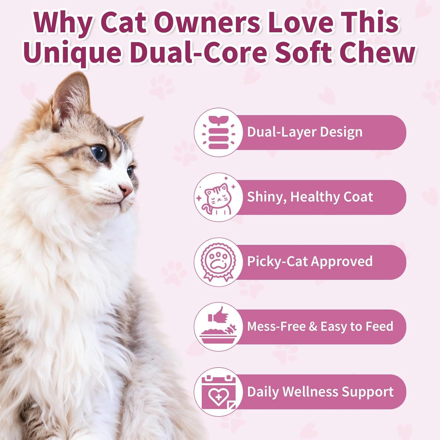 Natural Skin and Coat Support for Cats - Crunchy & Creamy Chews with Omega 3, Biotin & Vitamin E for Healthy Skin, Shiny Fur, Cat Supplements & Vitamins -Chicken（500 Chews